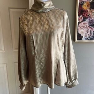 Vintage Gold Metallic Blouse Long Sleeve Cowl Neck Top Party Sparkly